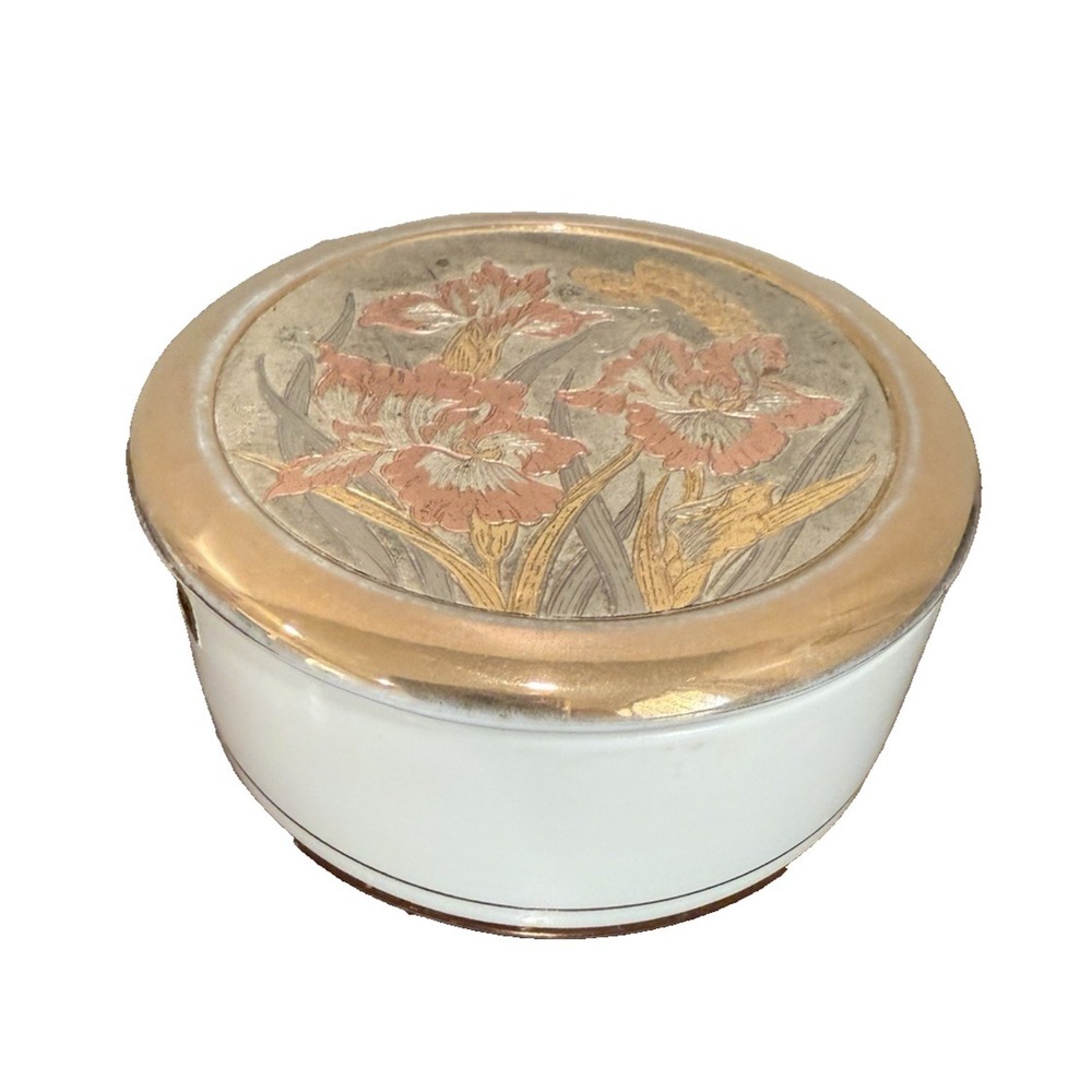 Vintage The Art of Chokin Flowers Trinket Box w/Lid Edge 24K Gold Iris Butterfly